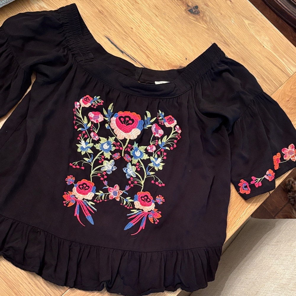 Umgee Black Blouse with Colorful Floral Embroidery